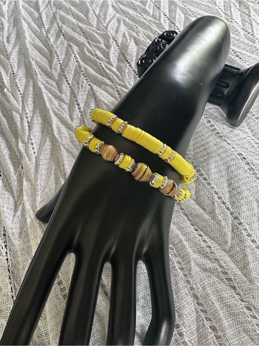 Yellow & Multi-Colored Handmade Beaded Stretch Bracelet Set with Silver Accents